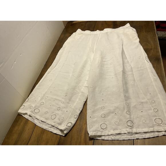 By Anthropologie Wide-Leg Eyelet Crop Linen Pants Ivory Embroidered Pocket 2X - Picture 1 of 11